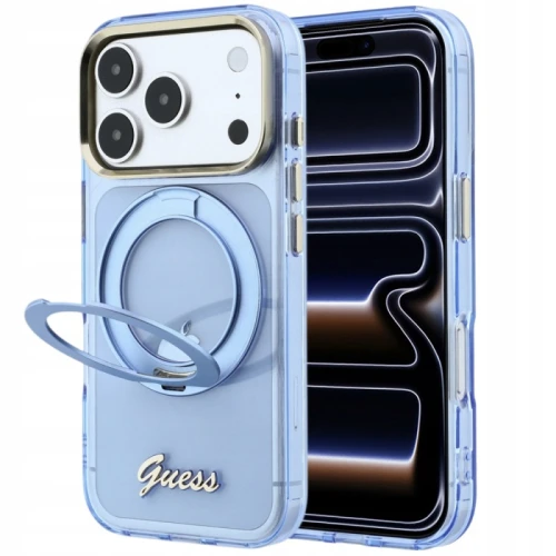 Etui Guess Do Apple iphone 18 Pro Max Ring Stand Script MagSafe Niebieskie