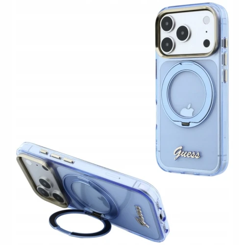 Etui Guess Do Apple iphone 18 Pro Max Ring Stand Script MagSafe Niebieskie