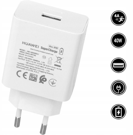Szybka Ładowarka Sieciowa HUAWEI 40W P30 P40 PRO MATE USB-A SUPERCHARGE